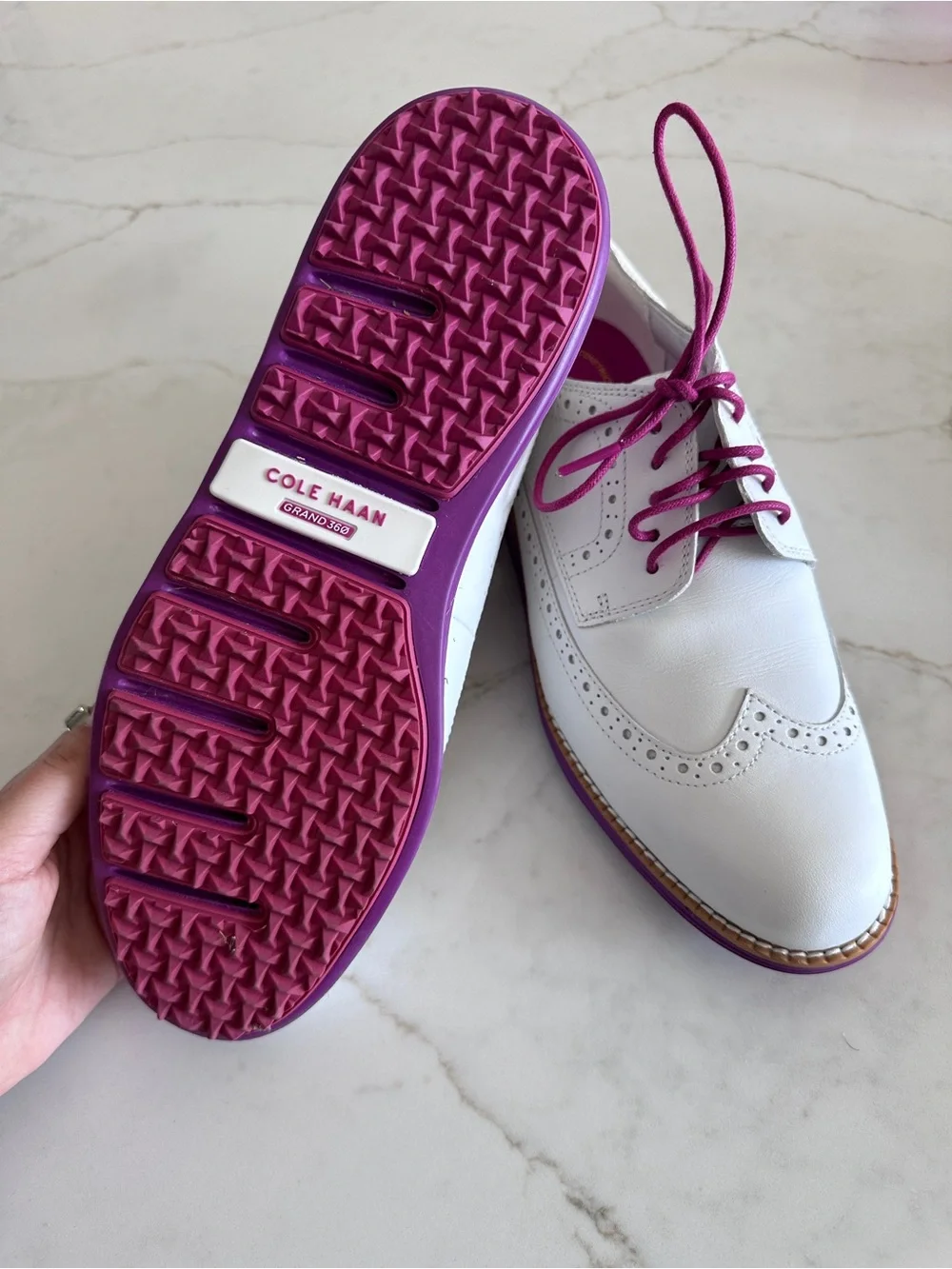 Cole Haan White Wingtip Golf shoes with Purple Sole and Pink Laces